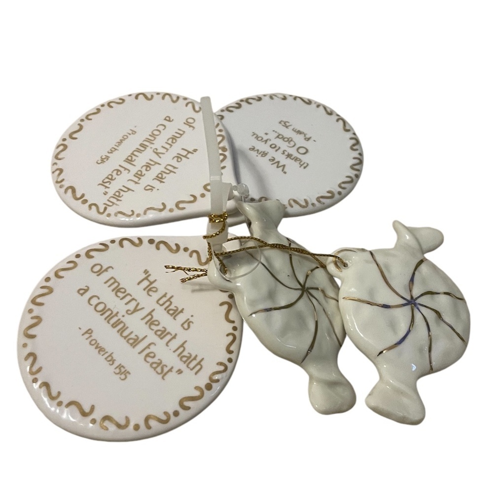 Vintage‎ Religious Scripture Verse Christmas Ornaments White Gold Porcelain